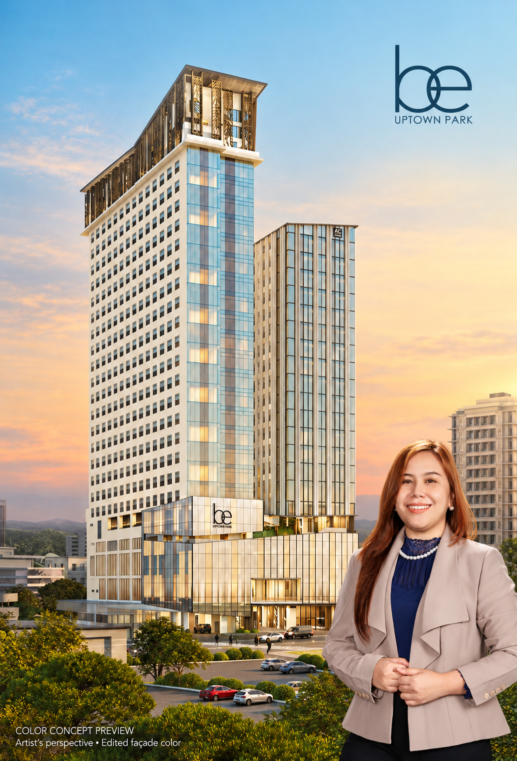 BE Uptown Park building with Nessa in the lower right; edited cream façade color concept, not an official exterior specification