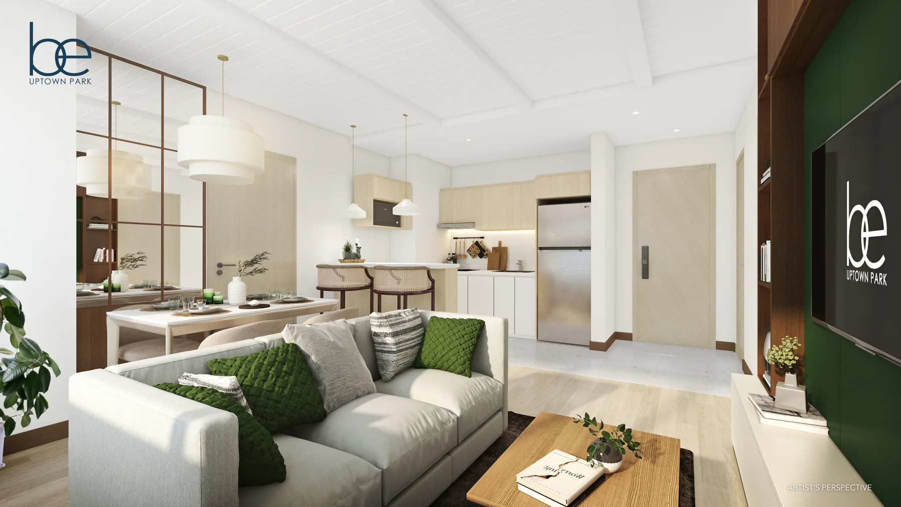 Two-bedroom suite living and dining room, artist’s perspective